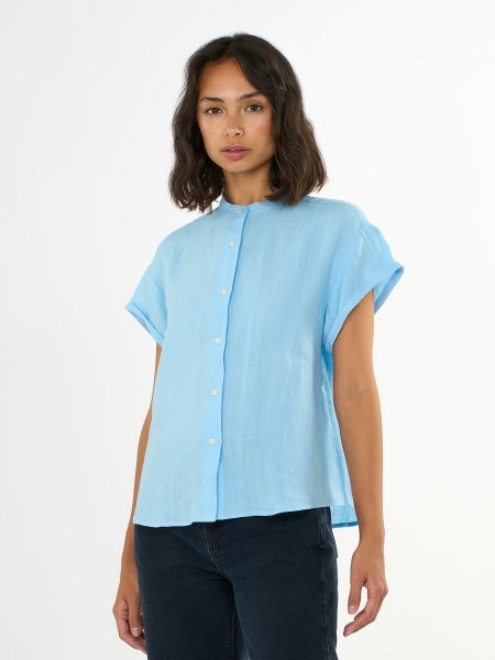 KnowledgeCotton Apparel - Collar stand short sleeve linen shirt - Airy Blue