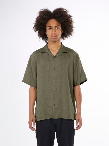 KnowledgeCotton Apparel - Box fit short sleeved linen shirt - Burned Olive