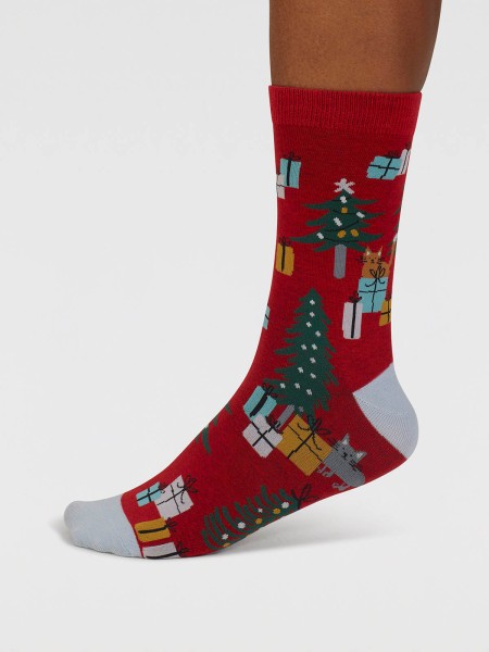 thought - Jemila Christmas Organic Cotton Floral Socks - Poppy Red - Größe 38-41
