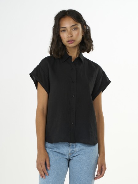 KnowledgeCotton Apparel - ASTER fold up short sleeve linen shirt - Black Jet