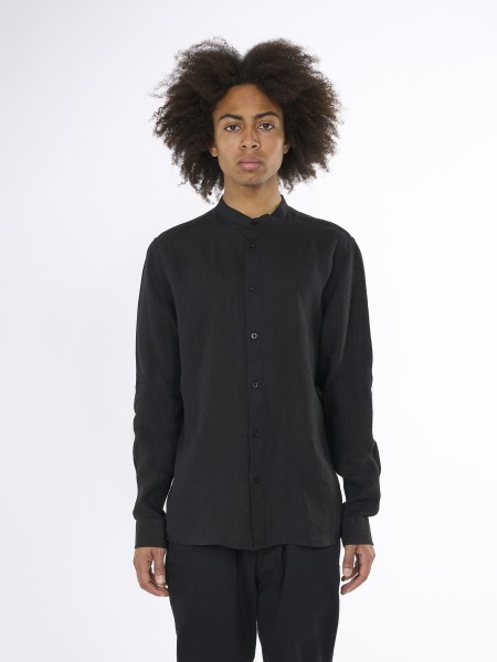 KnowledgeCotton Apparel - Custom fit linen stand collar shirt - Black Jet